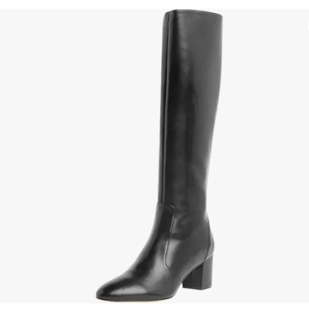 Black Women Pointed Toe Knee High Boot Chunky Heel Riding Boots Side Zipper Shoe